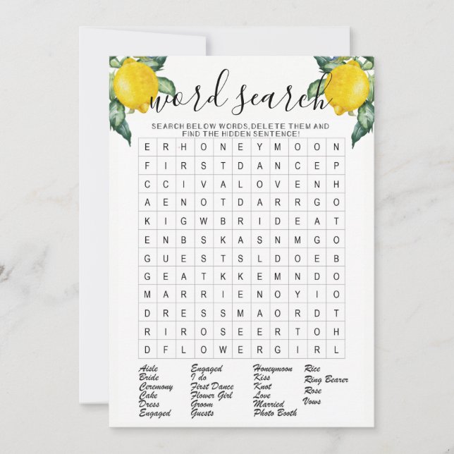 Word search gold lemons bridal shower game invitation (Front)