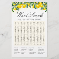 Word Search Lemon Game Bridal Shower Card