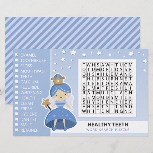 Word Search Puzzle. Tooth Fairy Party Game (Front/Back)