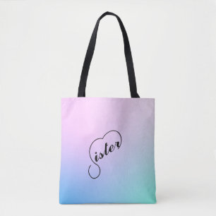 Word Sister & the top of a heart all over printed Tote Bag