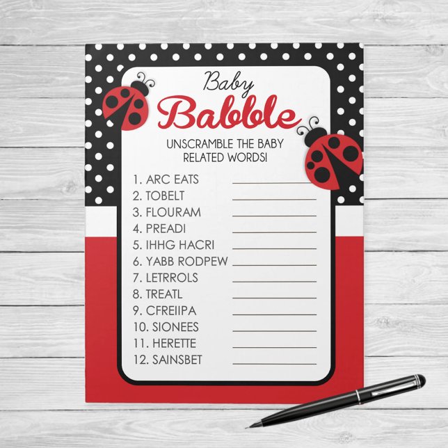Word Unscramble Ladybug Baby Shower Game Pack Notepad (Ladybug Baby Babble Word Unscramble Baby Shower Game)