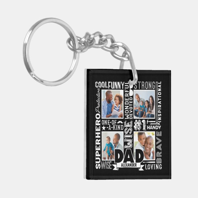 Words For #1 Dad Father's Day Photo Collage Black  Key Ring (Front Left)
