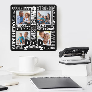 Words For #1 Dad Father's Day Photo Collage Black Square Wall Clock