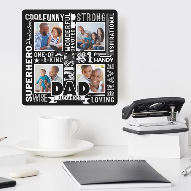 Words For #1 Dad Father's Day Photo Collage Black Square Wall Clock (Creator Uploaded)