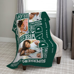 Words For #1 Dad Father's Day Photo Collage Green Fleece Blanket