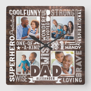 Words For #1 Dad Rustic Woodgrain Photo Collage Square Wall Clock