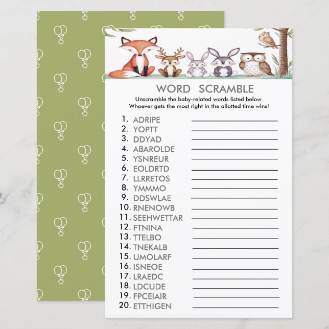 Words Scramble | Woodland Animals Shower Games (Front/Back)
