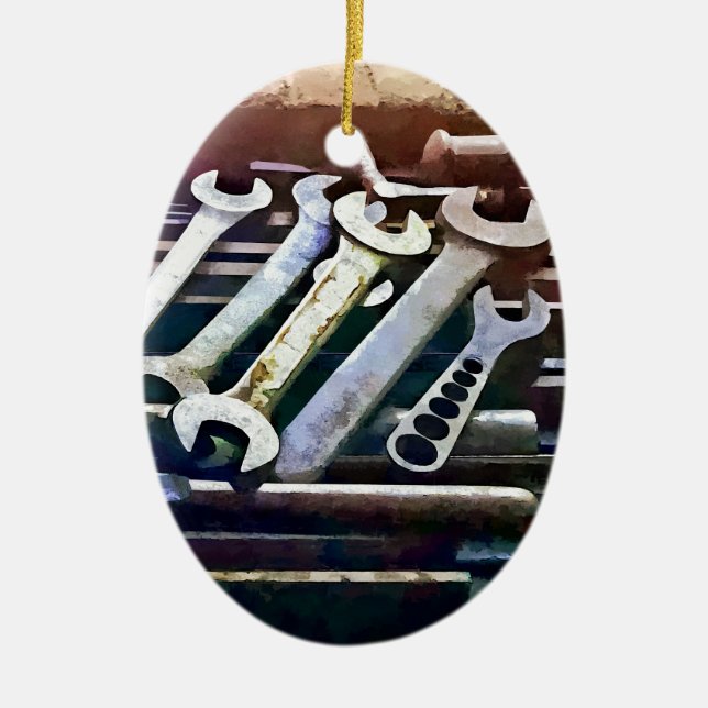 Work Bench in Machine Shop Ceramic Tree Decoration (Front)