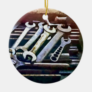 Work Bench in Machine Shop Ceramic Tree Decoration