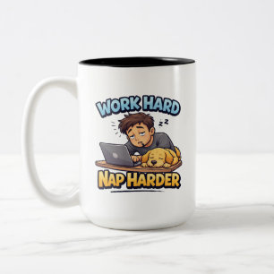 Work Hard Nap Harder Dog Funny Motivational Cartoo Two-Tone Coffee Mug