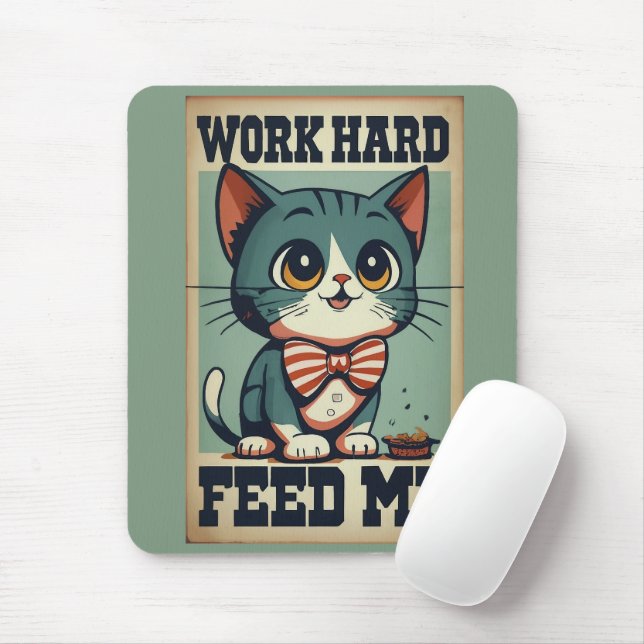 Work Hard Old Vintage Cat Mouse Mat (With Mouse)