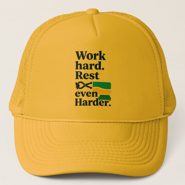 Work Hard Rest Even Harder Beach Lifestyle Design Trucker Hat (Front)