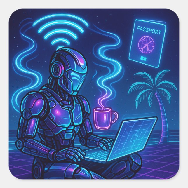 Work Hard WiFi Harder Cyberpunk Robot Decal Square Sticker (Front)