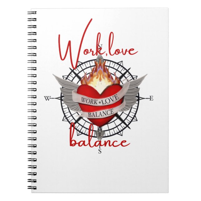 Work, life balance in white script lettering notebook (Front)