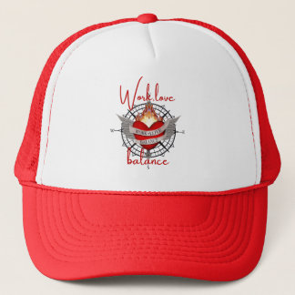 Work, life balance in white script lettering trucker hat