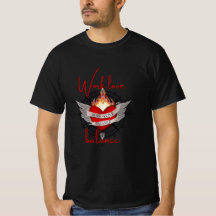 Work, life balance t shirt in red script lettering