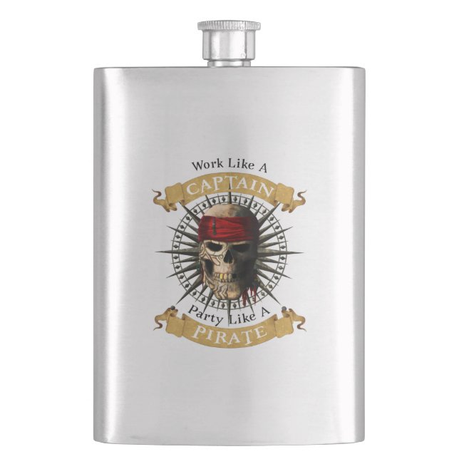 Work Like A Captain Party Like A Pirate Skull Joll Hip Flask (Front)