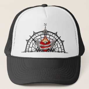Work, Love Balance in red script lettering trucker Hat