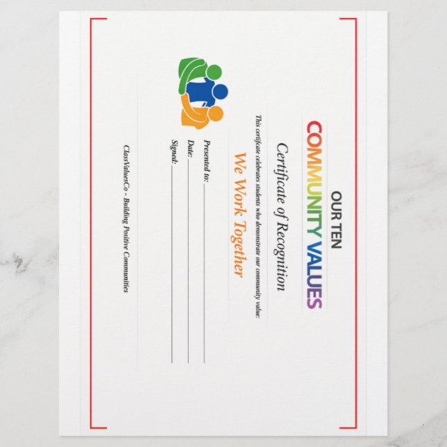 Work Together Value Certificate  Custom Letterhead (Front)