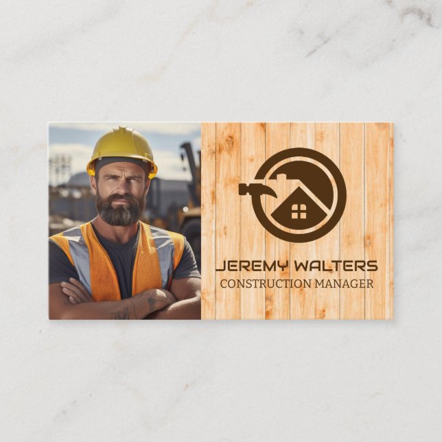 Worker at Construction Site | Wood Business Card (Front)