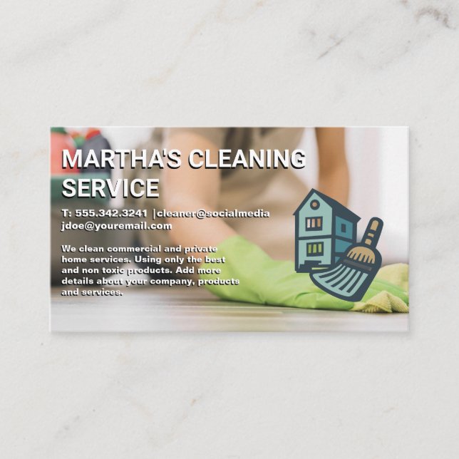 Worker Cleaning Floor Home Broom Logo Business Card (Front)