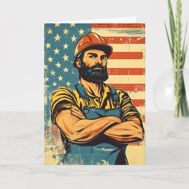 Worker Labour Day Flag Holiday Card (Front)