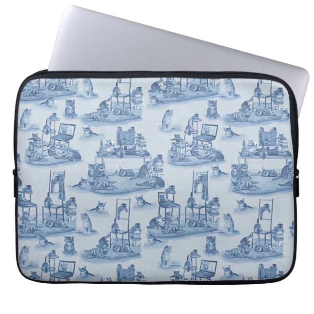 Working from Home with my Cats two-tone Delft Blue Laptop Sleeve (Front)