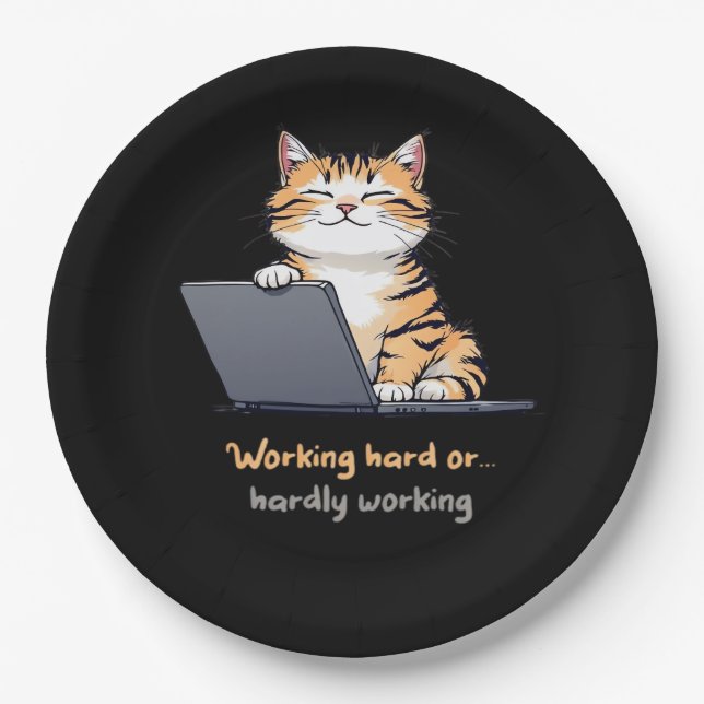 Working Hard Or Hardly Working Cat Paper Plate (Front)