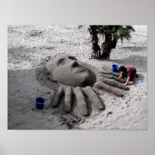 Working on a sand sculpture in Marbella Poster