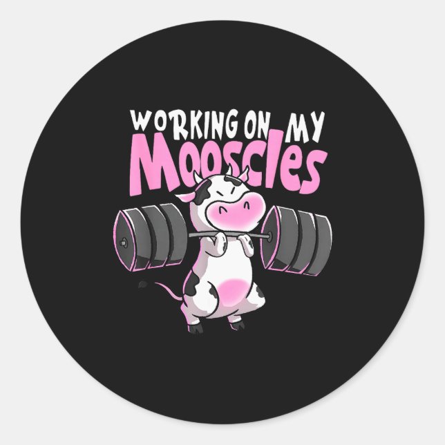 Working On My Mooscles Funny Gym Cow Weightlifting Classic Round Sticker (Front)