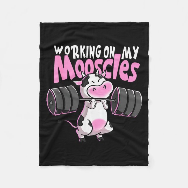 Working On My Mooscles Funny Gym Cow Weightlifting Fleece Blanket (Front)