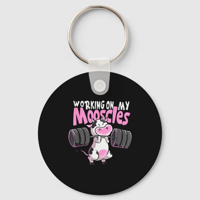 Working On My Mooscles Funny Gym Cow Weightlifting Key Ring (Front)