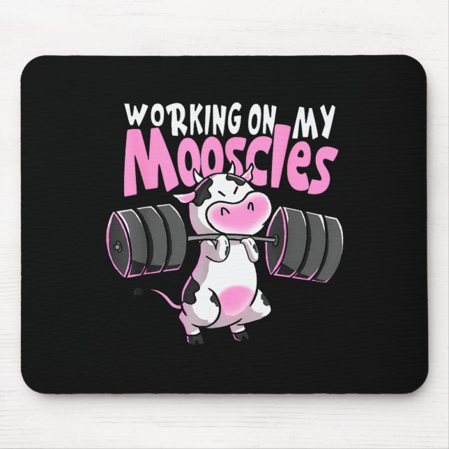 Working On My Mooscles Funny Gym Cow Weightlifting Mouse Mat (Front)
