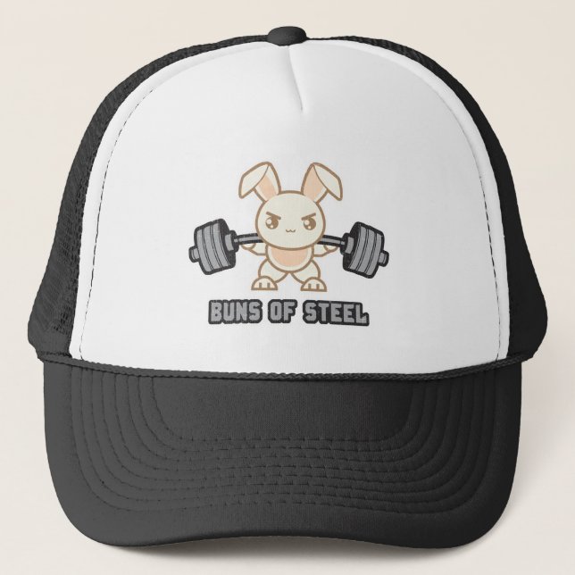 Workout Bunny Cartoon - Buns Of Steel, Funny Anime Trucker Hat (Front)