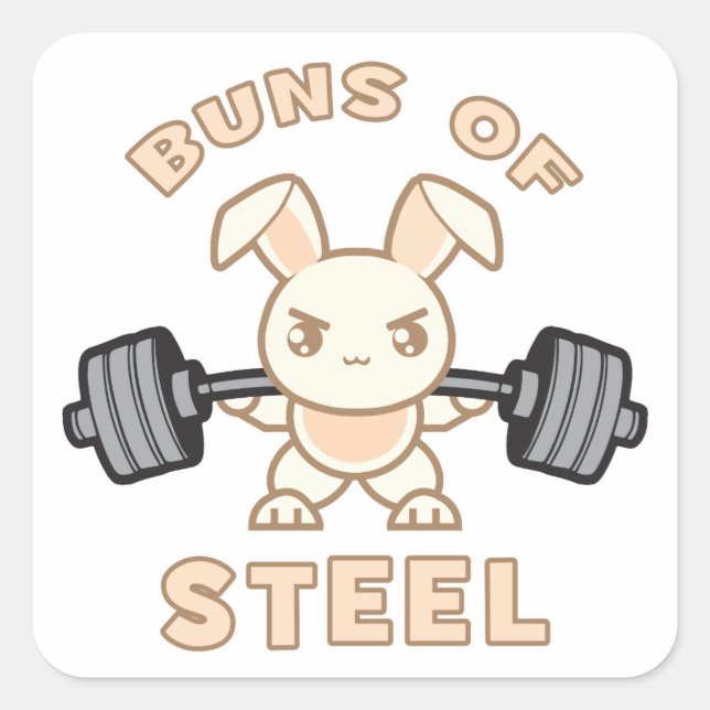 Workout Bunny Cartoon - Buns Of Steel - Funny Gym Square Sticker (Front)