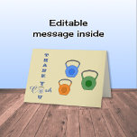 Workout fitness training coach thank you card<br><div class="desc">This card has assorted colored kettlebells on the front and the message "THANK YOU COACH", with a kettlebell taking the place of the 'O' in YOU and COACH. The background is a pale gold. Inside there is a further blue kettlebell and the text is "I couldn't do it without you"...</div>