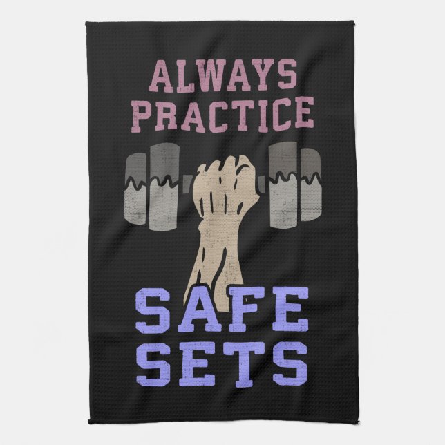 Workout Humour - Practice Safe Sets - Novelty Gym Tea Towel (Vertical)