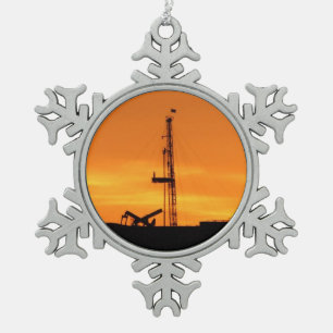 Workover Rig Silhouette at Sunset Snowflake Pewter Christmas Ornament