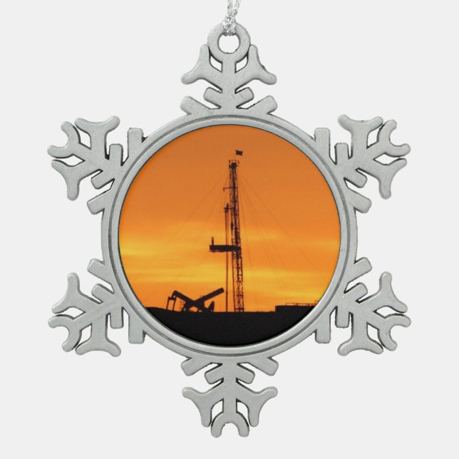 Workover Rig Silhouette at Sunset Snowflake Pewter Christmas Ornament (Front)
