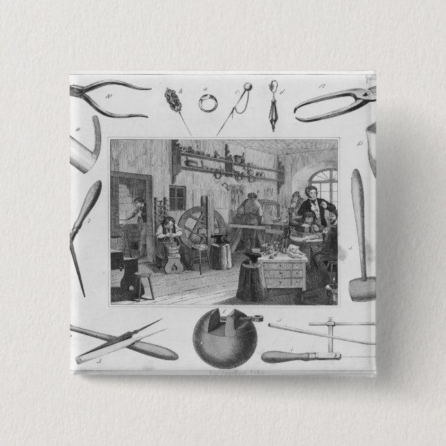 Workshop and main tools of jewellery, 1810 15 cm square badge (Front)