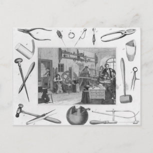 Workshop and main tools of jewellery, 1810 postcard