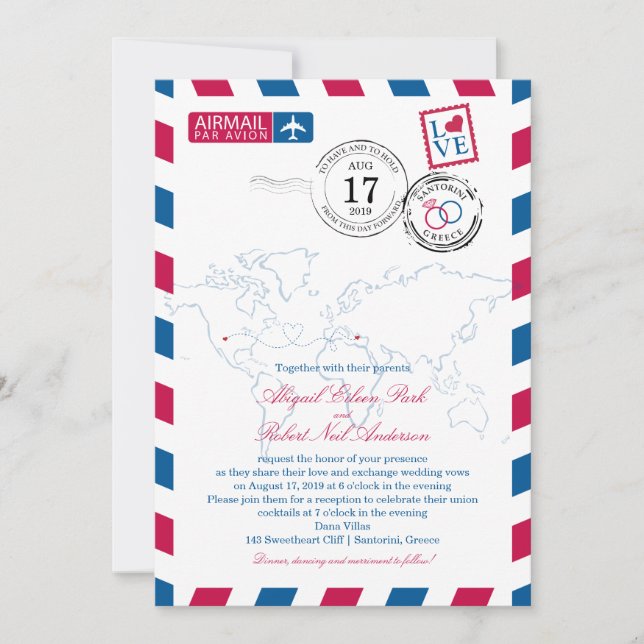 World Airmail USA & Santorini Greece | Wedding Invitation (Front)
