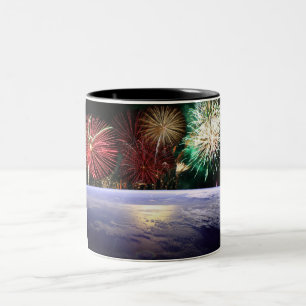 World and Fireworks Two-Tone Coffee Mug