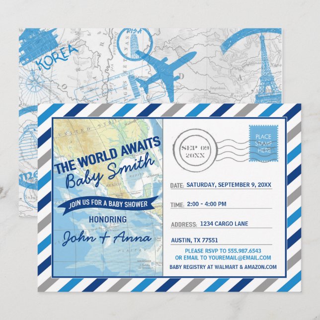 World Awaits Baby Shower Invitation Blue Postcard (Front/Back)