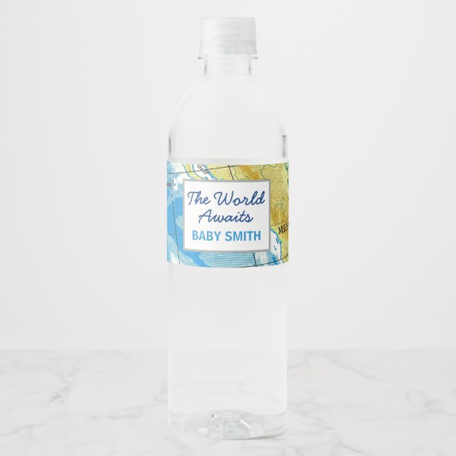 World Awaits Baby Shower Water Bottle Label (Front)