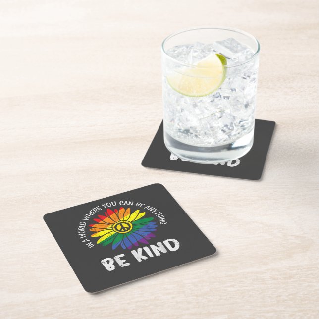 World Be Kind Rainbow Square Paper Coaster (Insitu)
