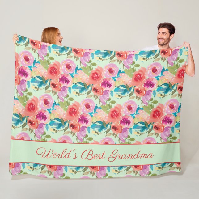 World Best Grandma Pink Purple Flowers Mint Green Fleece Blanket (In Situ)