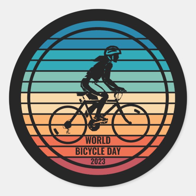 World Bicycle Day Retro Cyclist Silhouette Classic Round Sticker (Front)
