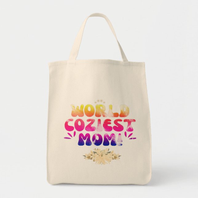 World Cosiest Mum – Colourful Floral Retro Typogra Tote Bag (Front)