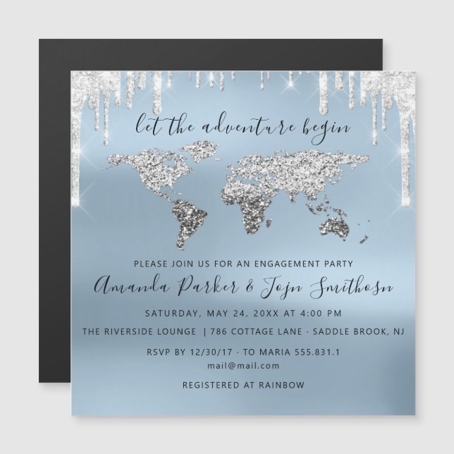 World Destination Map  Globe Bridal Wedding Blue Magnetic Invitation (Front/Back)